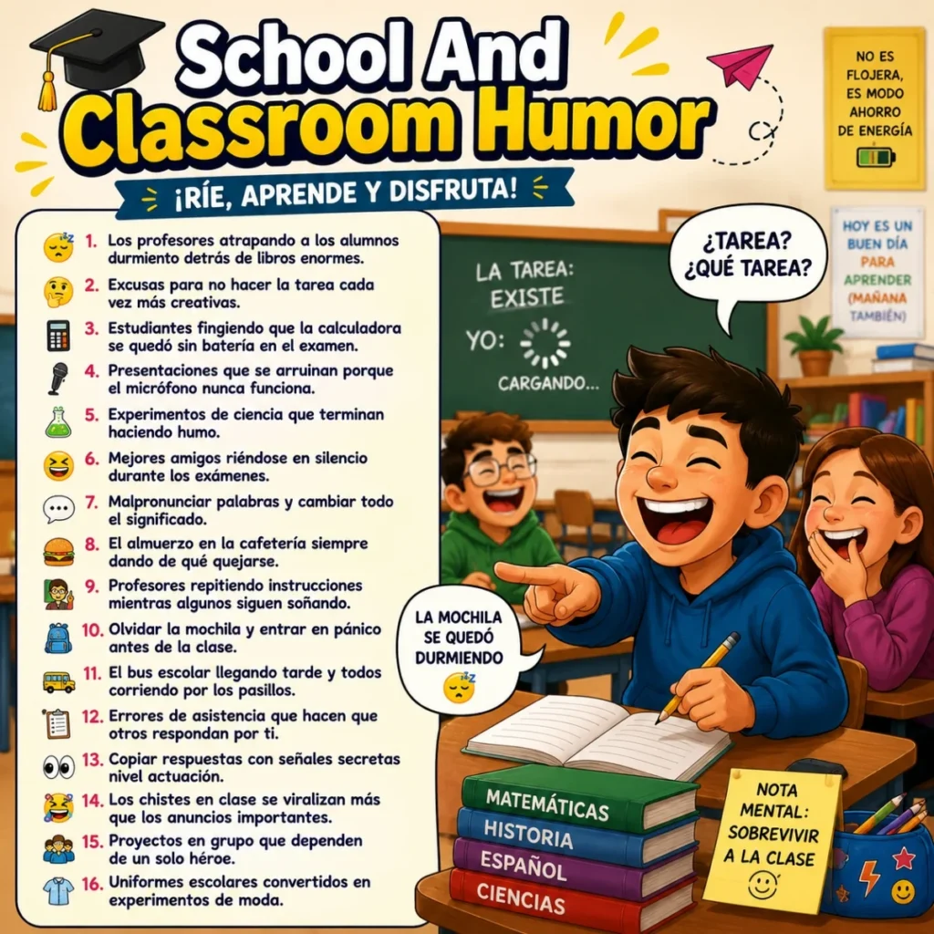 School classroom humor poster with laughing students and funny Spanish learning jokes