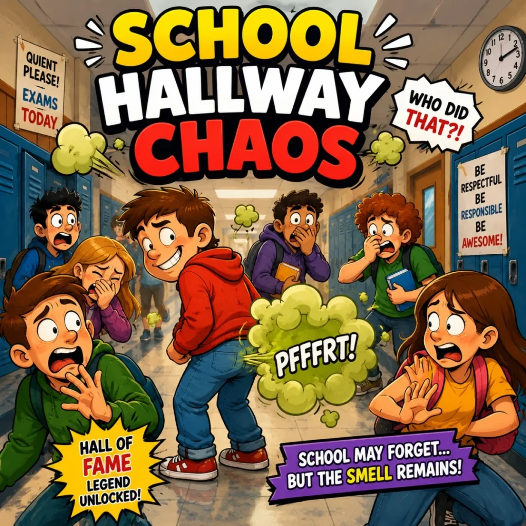 Cartoon school hallway chaos with students reacting to a funny fart joke scene