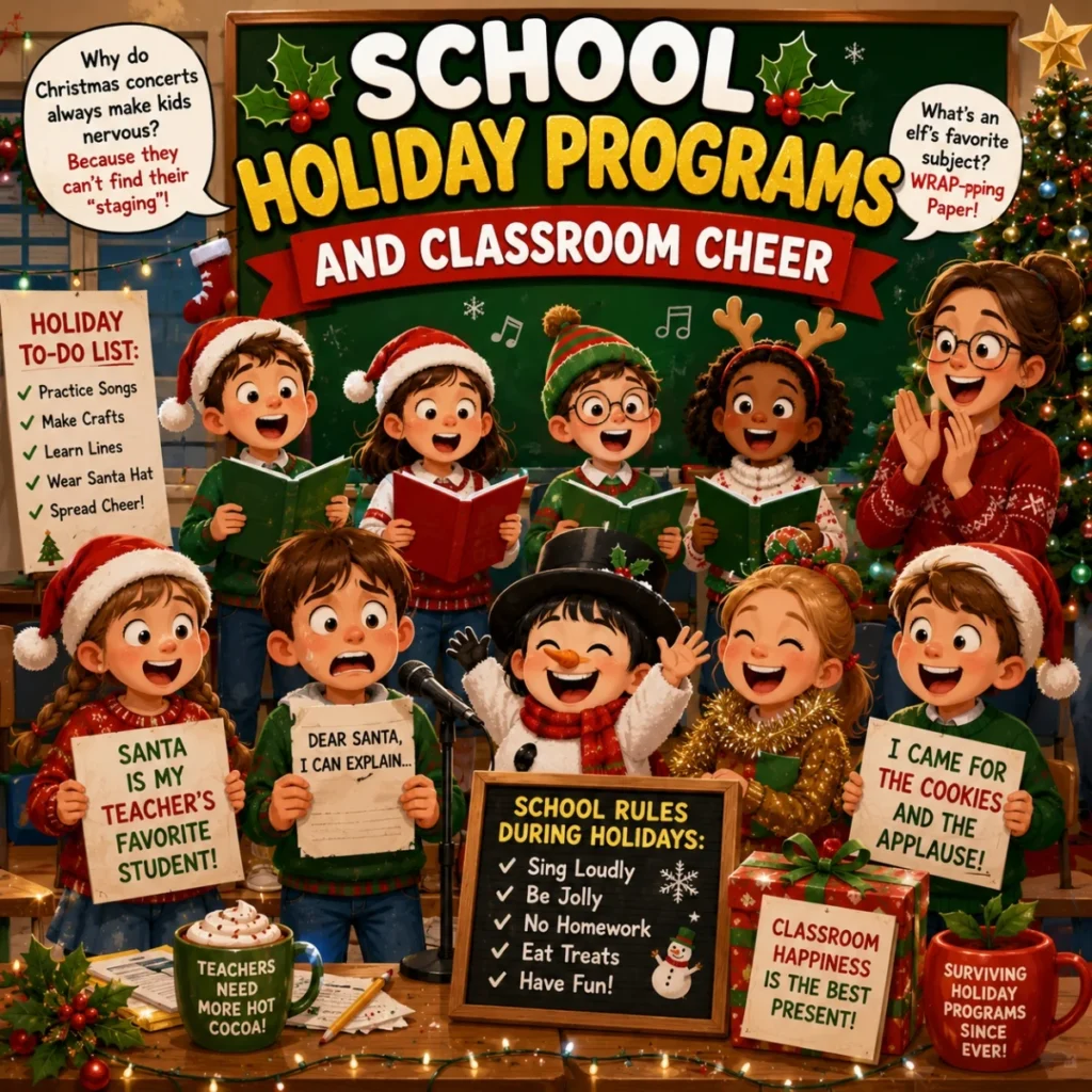 School holiday programs poster with cheerful kids singing, teacher, Christmas tree, and classroom decorations