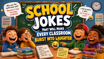 Funny classroom scene with students laughing at school jokes during a cheerful lesson
