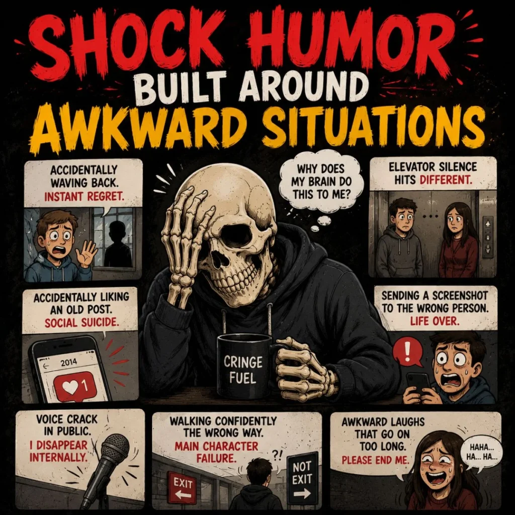 Shock humor comic graphic with skeleton and awkward social situations in dark comedy style