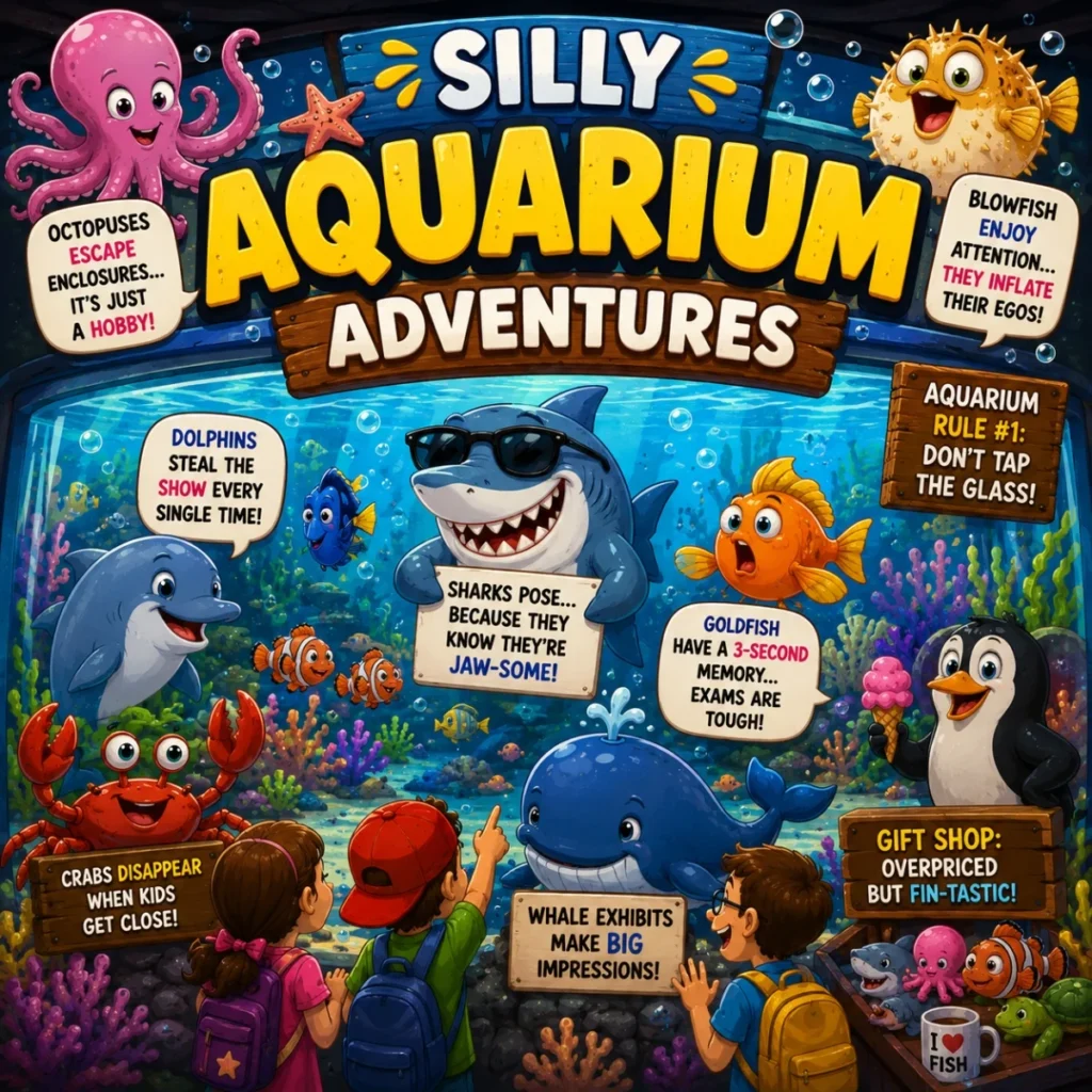 Silly aquarium adventures poster with cartoon sea animals, kids, bubbles, coral, and funny ocean jokes