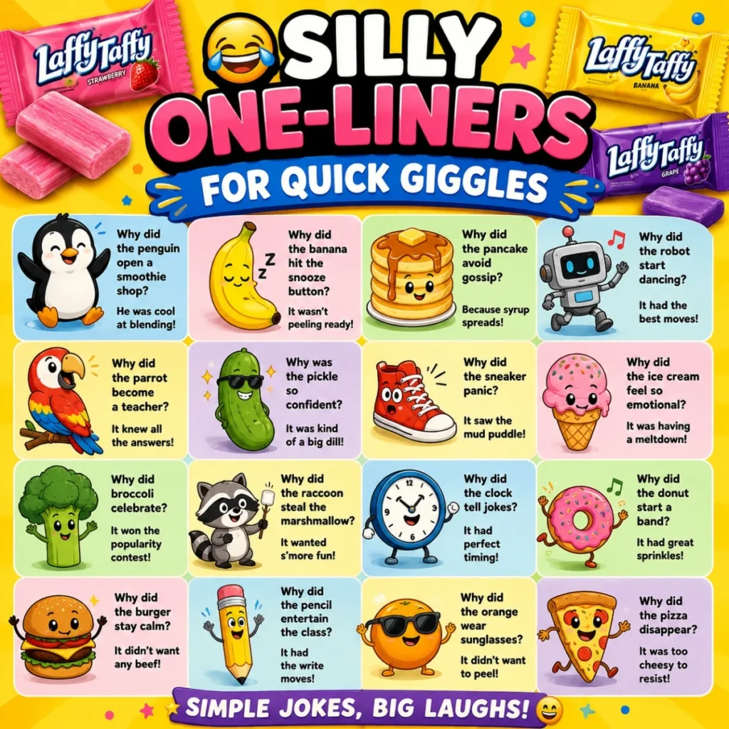 Silly one-liners poster with cute food characters, candy wrappers, and quick giggle jokes