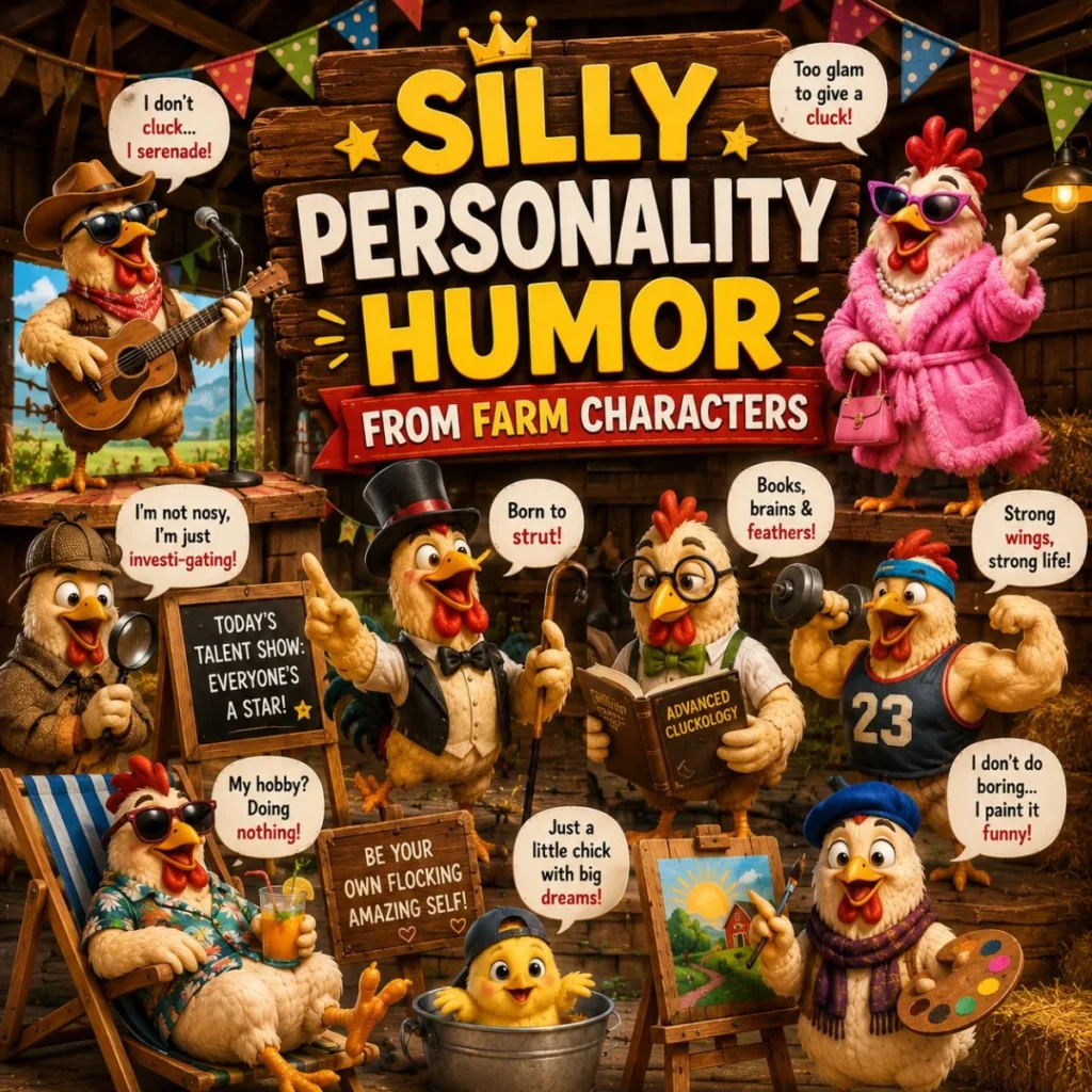 Funny farm character humor image with cartoon chickens showing silly personalities and playful barnyard comedy