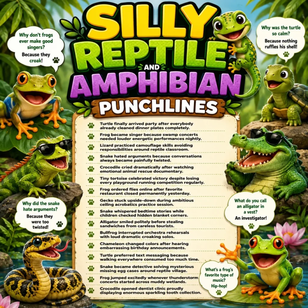 Silly reptile and amphibian jokes poster with frogs, turtle, snake, and alligator in a jungle pond