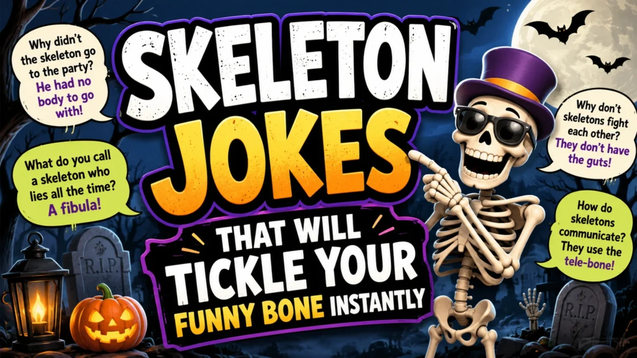 Funny skeleton jokes poster with Halloween graveyard, pumpkins, bats, moon, and cartoon skeleton
