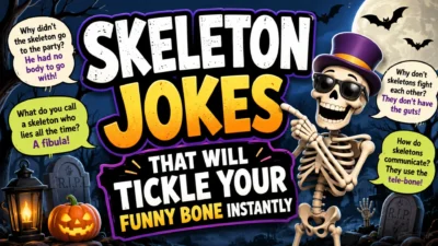 Funny skeleton jokes poster with Halloween graveyard, pumpkins, bats, moon, and cartoon skeleton
