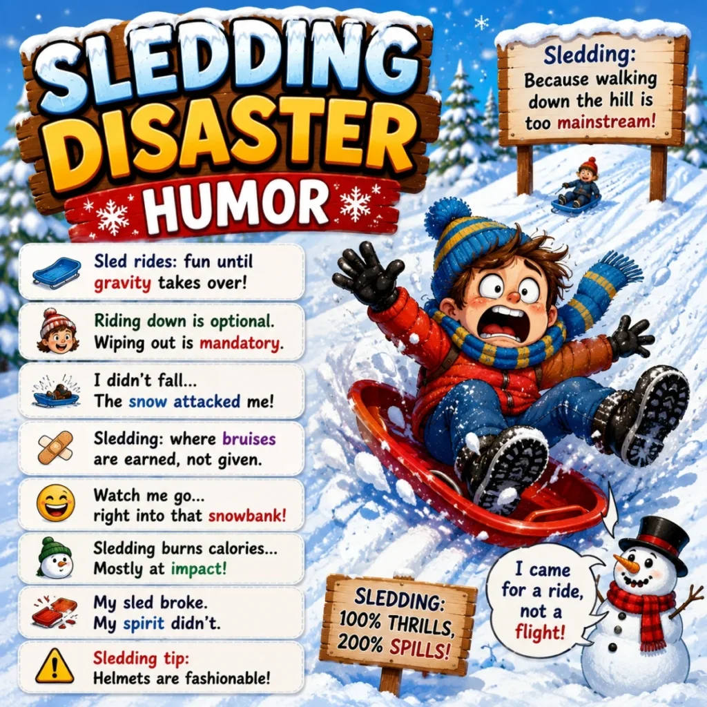 Sledding disaster humor image with child crashing on a red sled, snowy hill, snowman, and funny winter joke cards