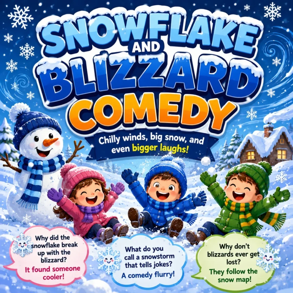 Snowflake and blizzard comedy poster with laughing kids, snowman, snowy cabin, and winter joke bubbles