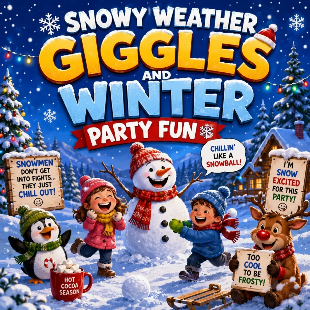 Snowy weather giggles poster with kids, snowman, reindeer, and winter party fun