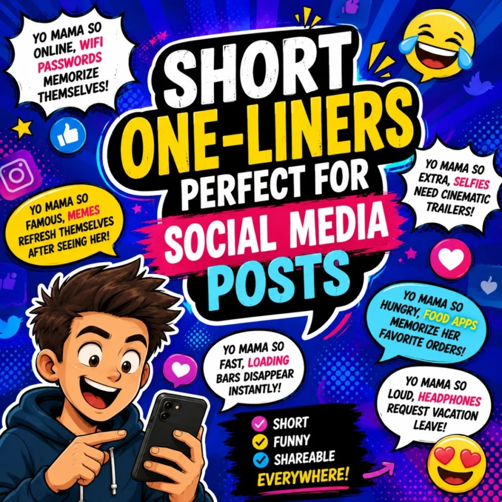 Social media one-liner jokes thumbnail with phone, emojis, comic text, and playful short comedy posts