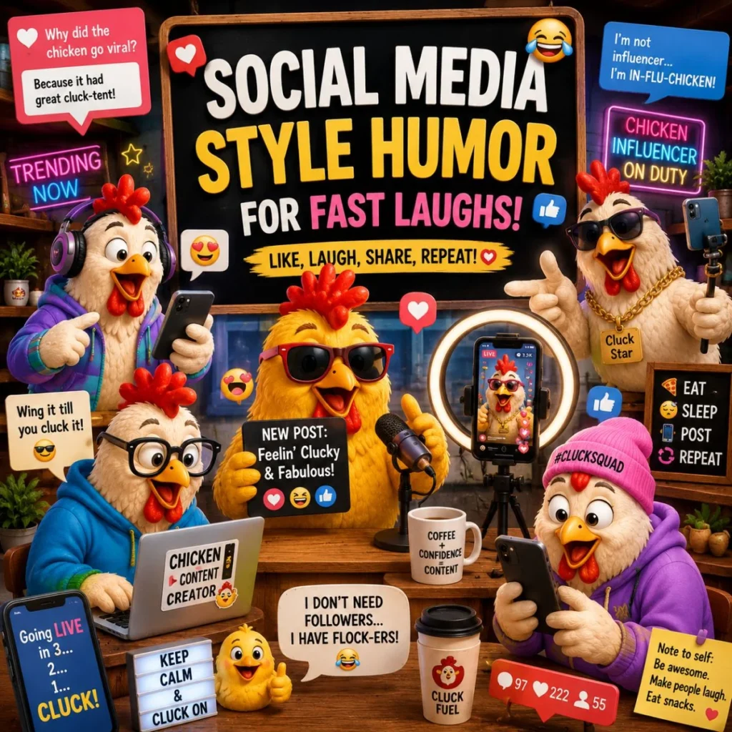 Social media humor image with cartoon chickens, phones, selfies, and fast farmyard laughs