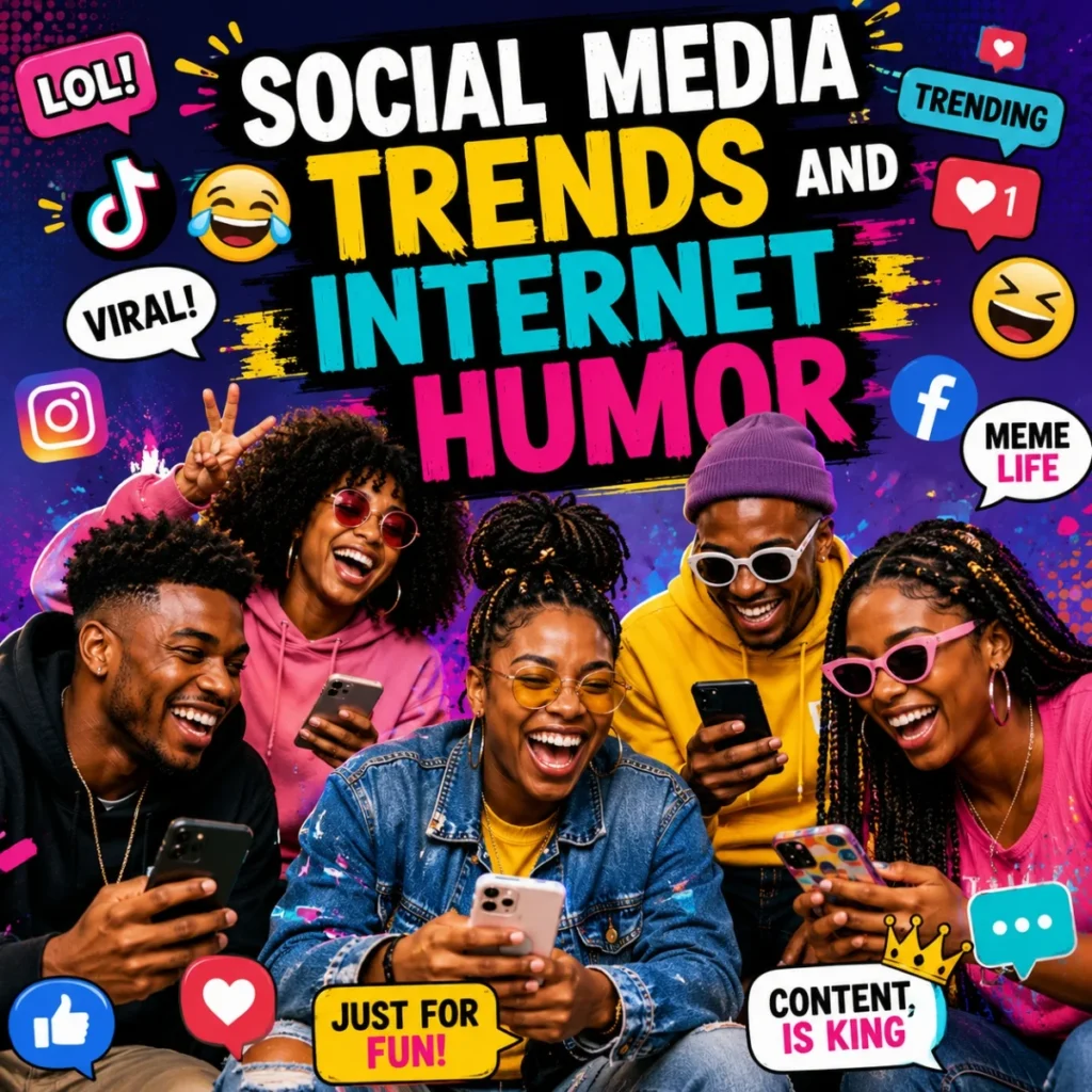 Friends laughing with phones in a colorful social media humor poster with memes and trending icons