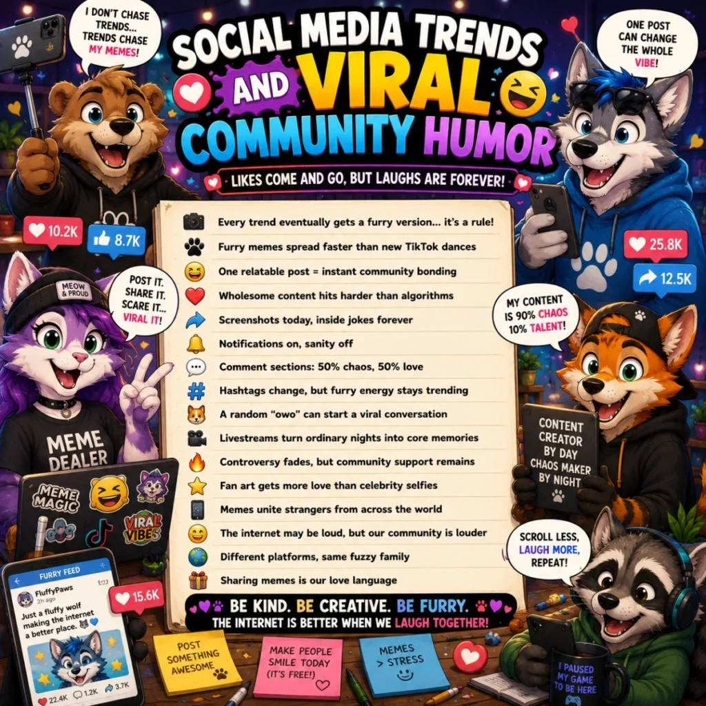 Social media trends poster with furry characters, viral memes, likes, shares, and community humor