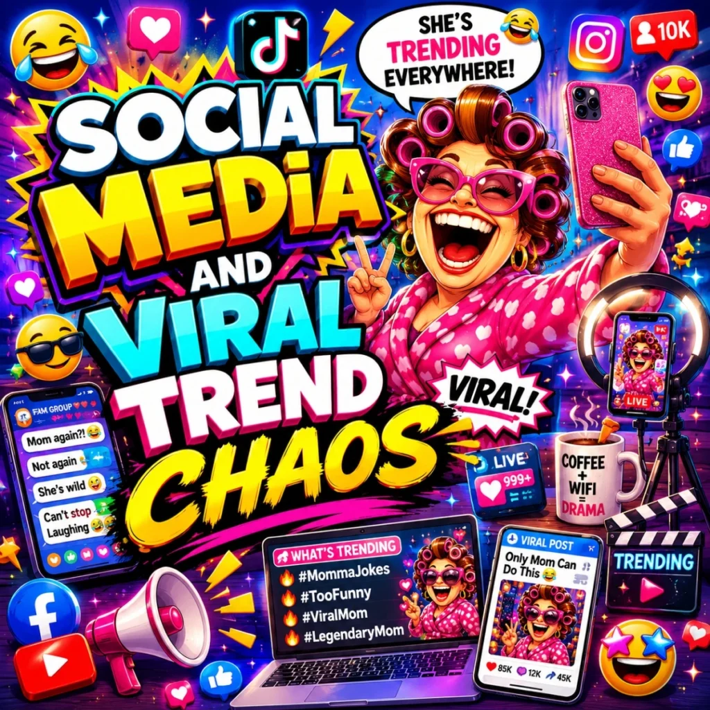 Social media viral trend chaos image with laughing mom, phones, emojis, likes, and neon meme graphics