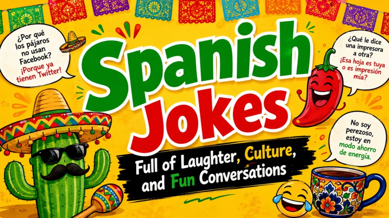 Spanish jokes image with colorful fiesta, culture, laughter, and fun conversation theme