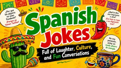 Spanish jokes image with colorful fiesta, culture, laughter, and fun conversation theme