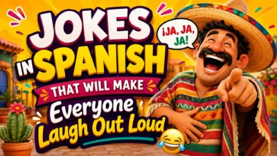Funny Spanish jokes graphic with cheerful cultural comedy theme for language learners