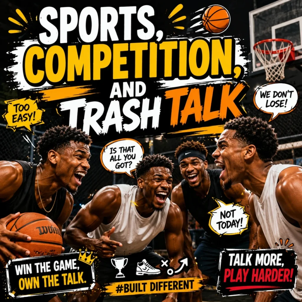 Basketball players competing on court with bold sports trash talk and energetic game humor