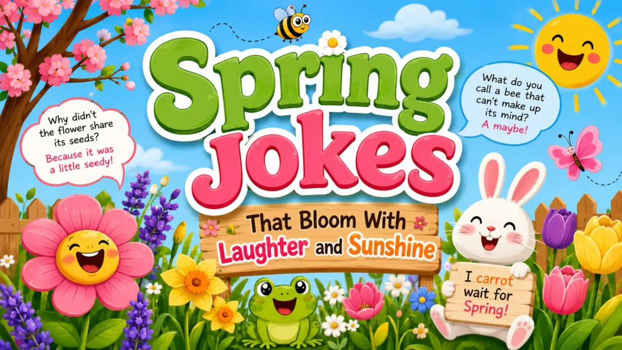 Spring jokes with blooming flowers, sunshine, and cheerful garden humor