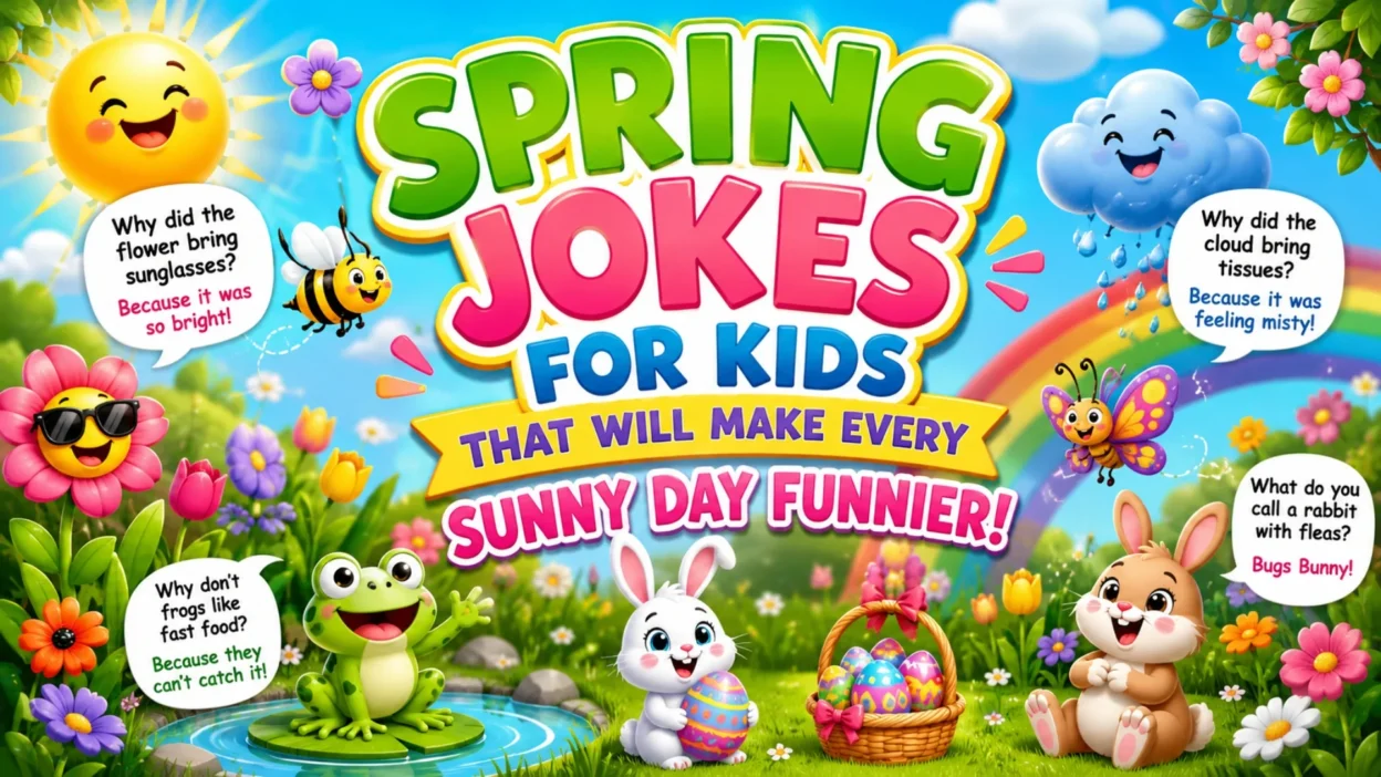 Spring jokes for kids with smiling children, flowers, sunshine, butterflies, and cheerful outdoor fun