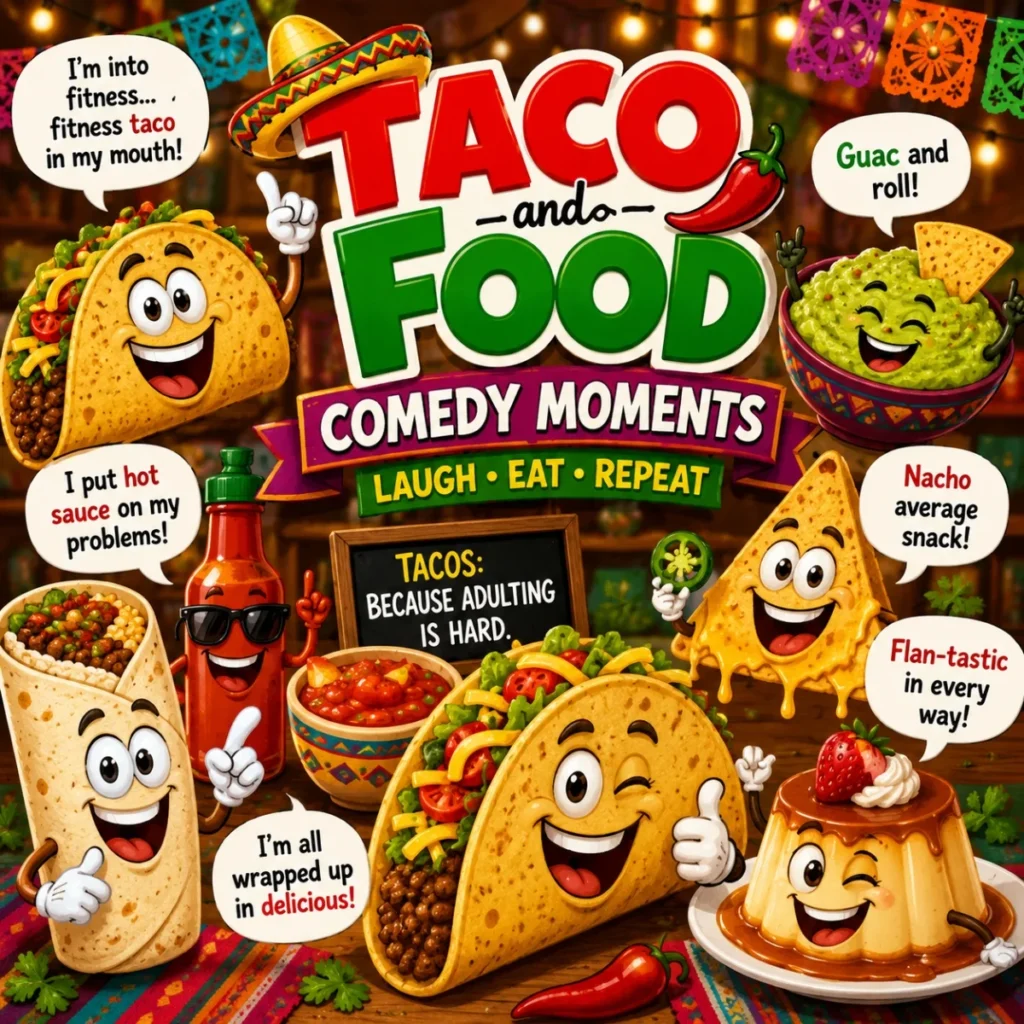 Funny taco and food comedy illustration with smiling tacos, guacamole, and colorful Mexican party vibes