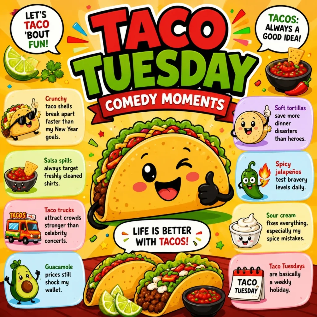 Taco Tuesday comedy poster with funny taco, salsa, guacamole, and spicy jalapeรฑo cartoon jokes