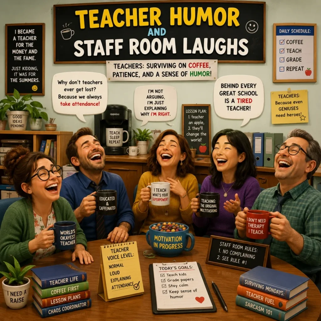Teachers laughing in staff room with coffee mugs and funny classroom humor signs
