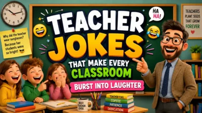 Teacher jokes classroom banner with laughing students, funny teacher, and colorful school humor design