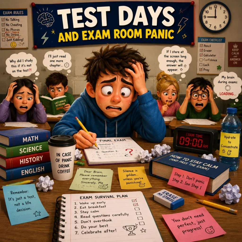Stressed students taking final exam in classroom with books, notes, clock, and exam panic humor