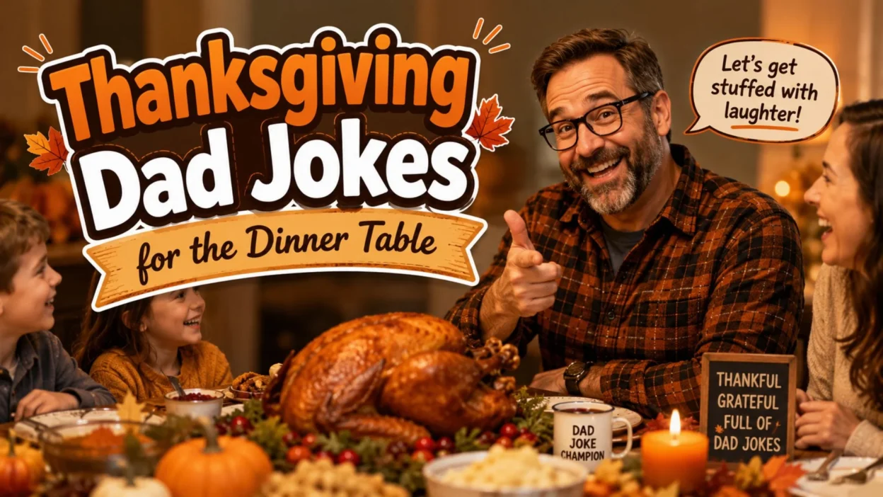 Thanksgiving dad jokes dinner table image with smiling family, roasted turkey, and festive holiday humor