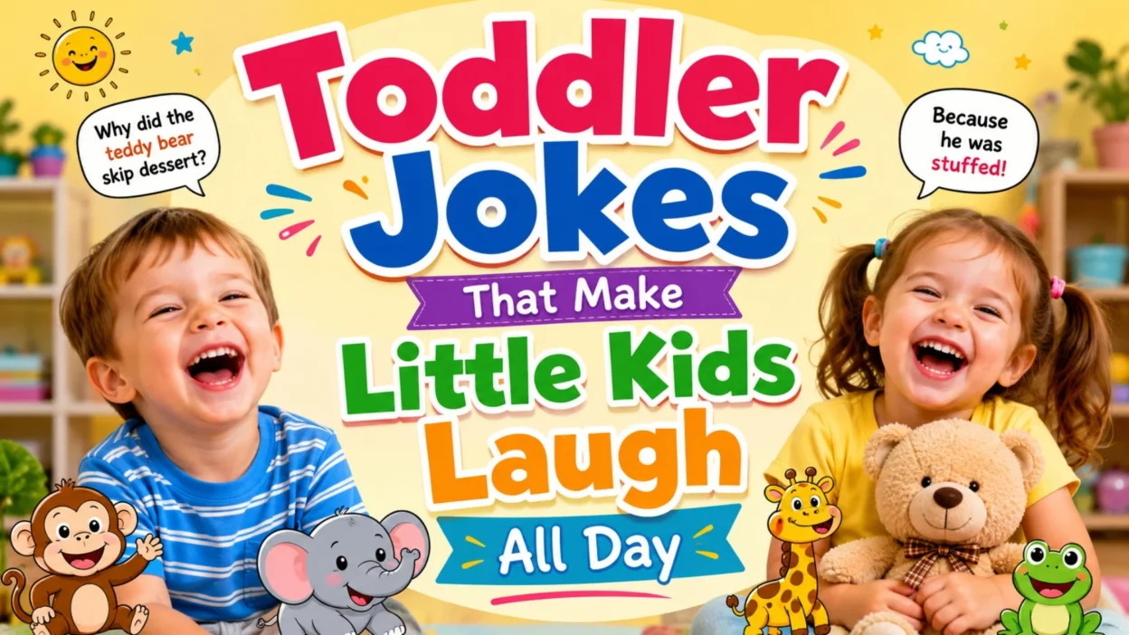 Toddler jokes poster with laughing little kids, teddy bear, and funny cartoon animals