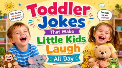 Toddler jokes poster with laughing little kids, teddy bear, and funny cartoon animals