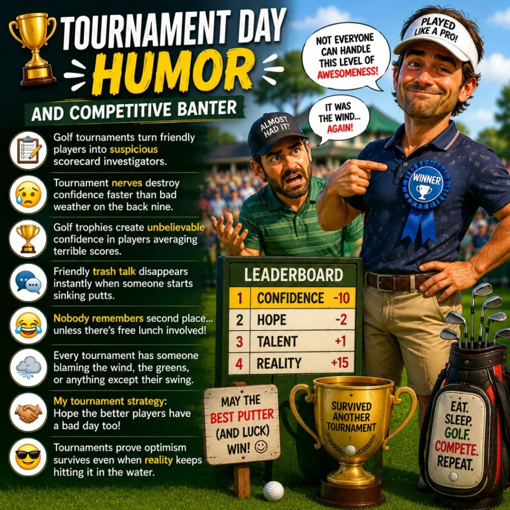 Funny golf tournament day humor poster with golfers, trophy, leaderboard, and competitive banter