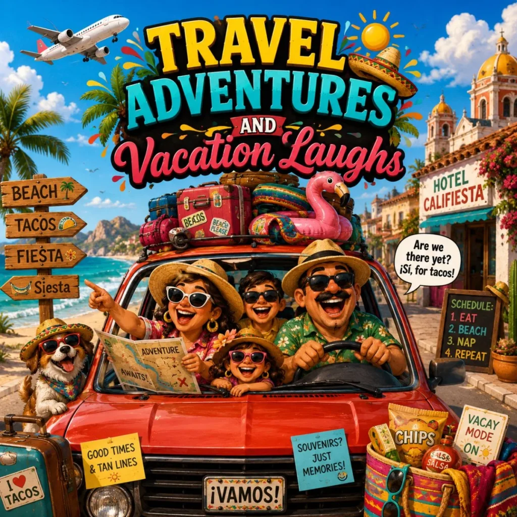 Funny travel adventure illustration with family road trip, beach vacation, tacos, and colorful fiesta vibes