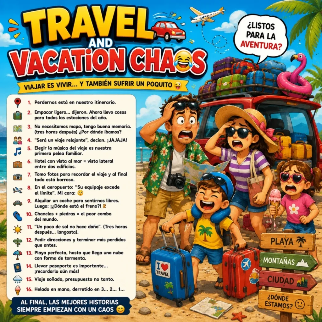 Travel and vacation chaos poster with funny family trip jokes and beach adventure humor