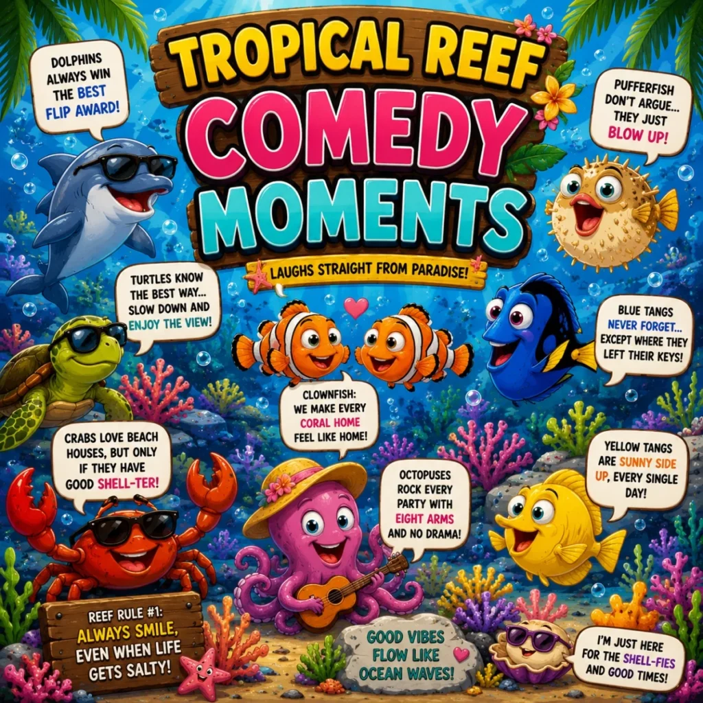 Tropical reef comedy poster with cartoon sea animals, coral, bubbles, palm leaves, and funny ocean jokes