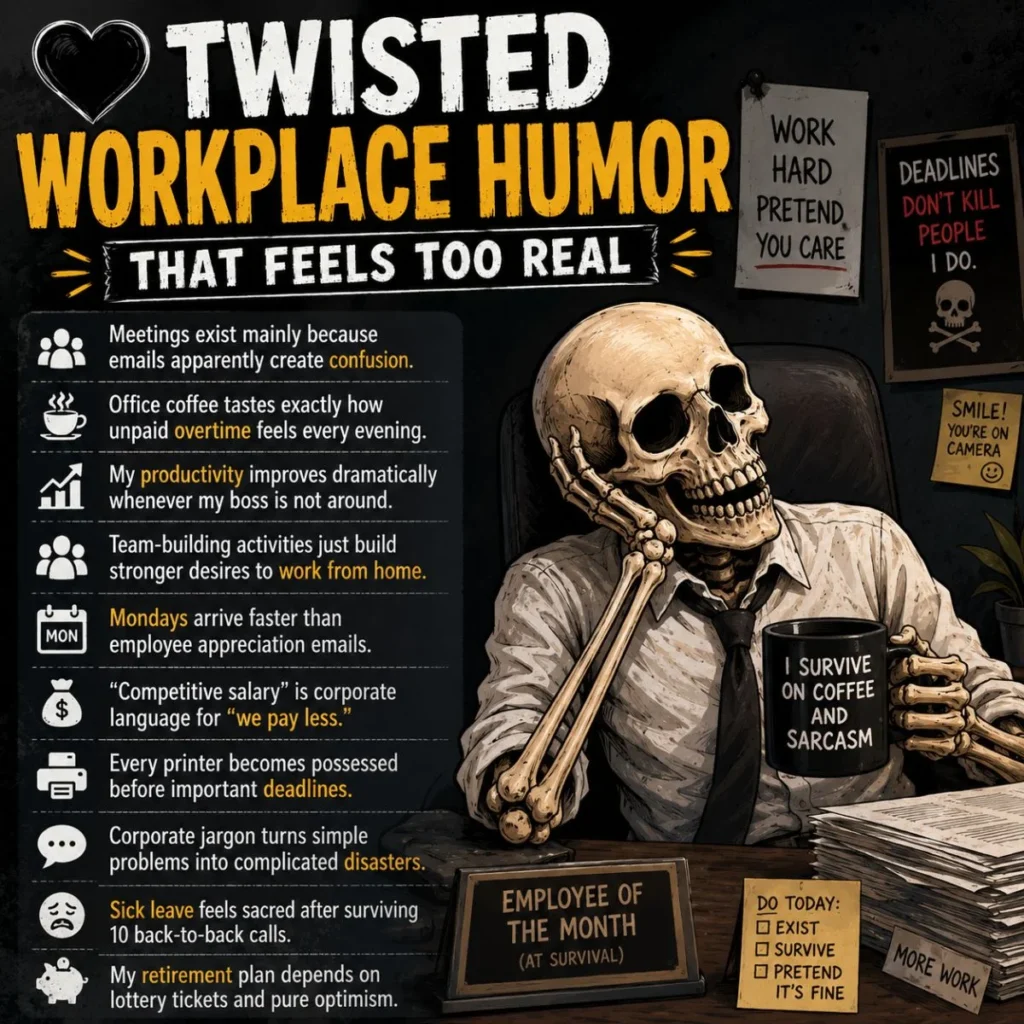 Twisted workplace humor image with office stress, dark comedy, and tired employee mood