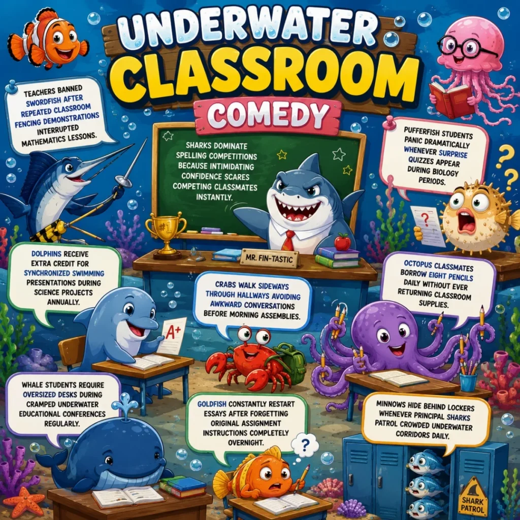 Underwater classroom comedy poster with cartoon sea animals, shark teacher, bubbles, coral, and funny school jokes