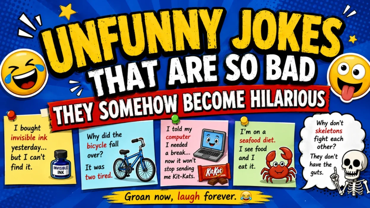 Unfunny jokes thumbnail with silly emojis, joke cards, puns, and bold comedy text on a blue background