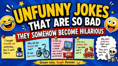 Unfunny jokes thumbnail with silly emojis, joke cards, puns, and bold comedy text on a blue background