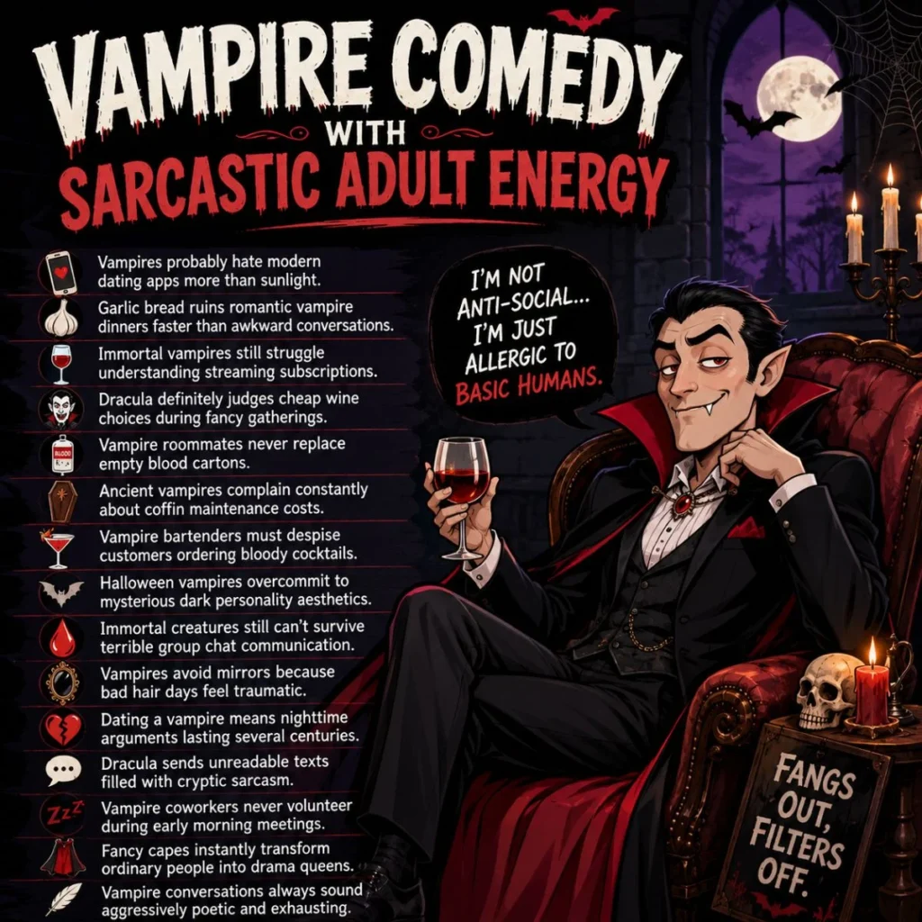 Vampire comedy poster with sarcastic adult humor, gothic room, bats, moon, candles, and funny vampire jokes