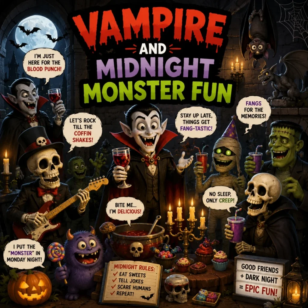 Vampire and monster party image with skeletons, bats, candles, pumpkins, and midnight Halloween fun