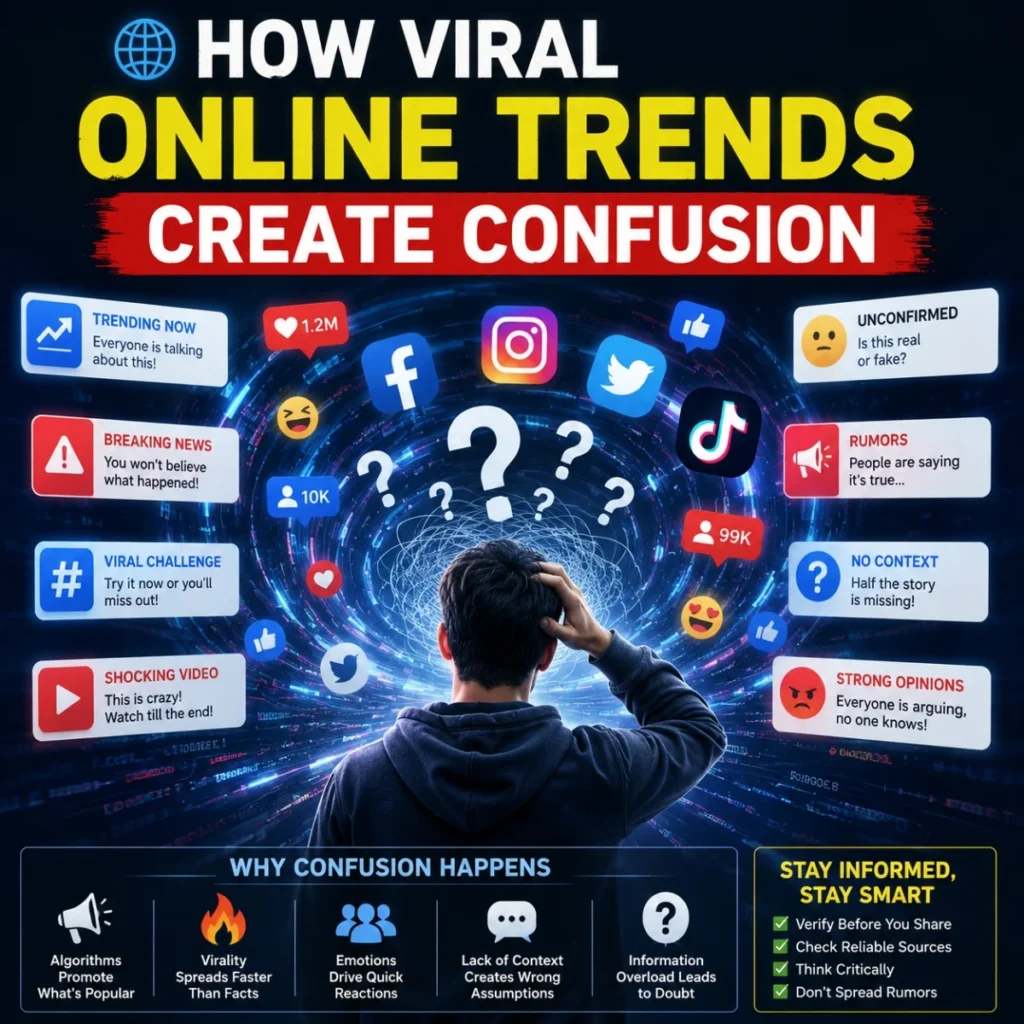 Viral online trends confusion concept with social media icons, globe, and digital network
