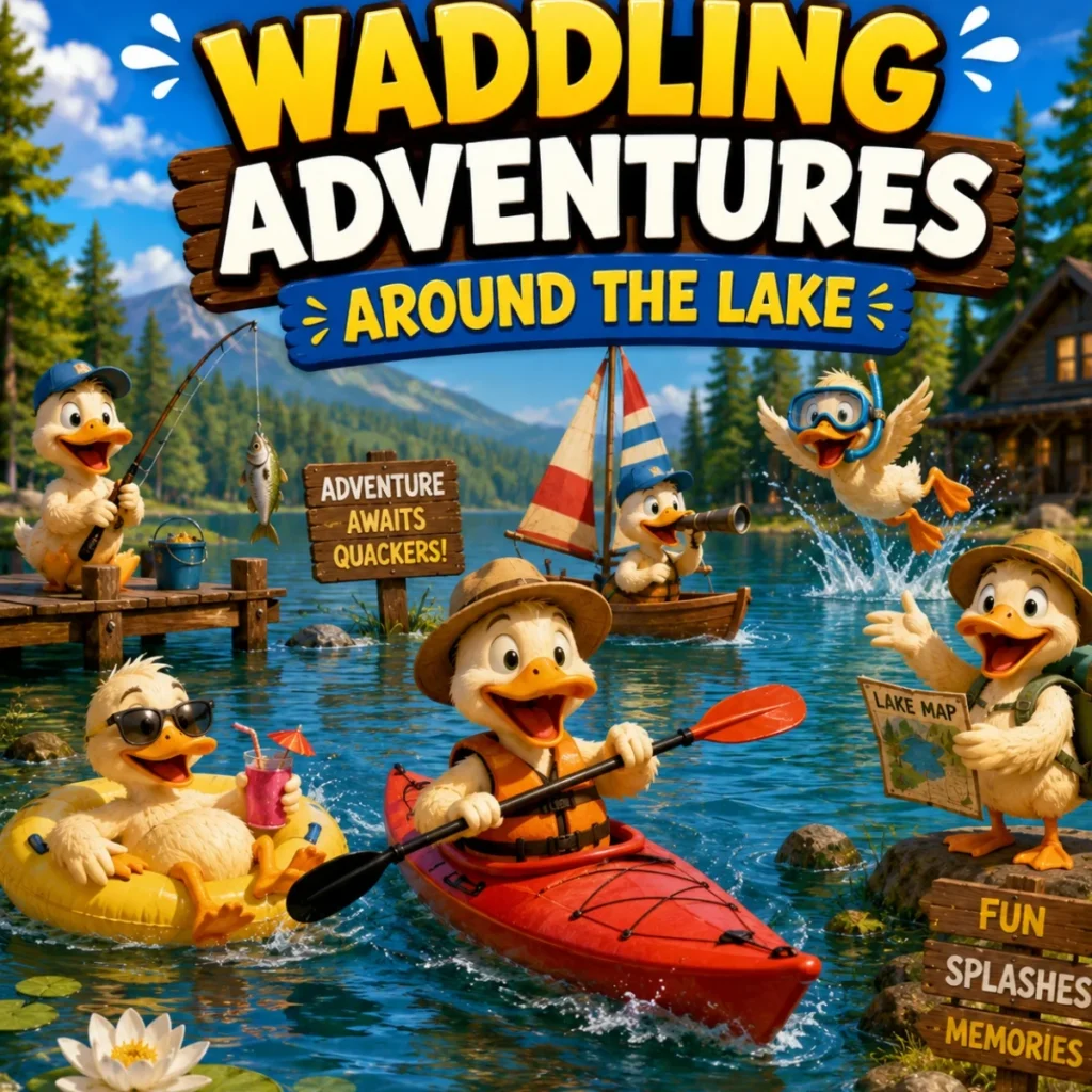 Funny ducks kayaking, fishing, and splashing on a lake for waddling adventure humor