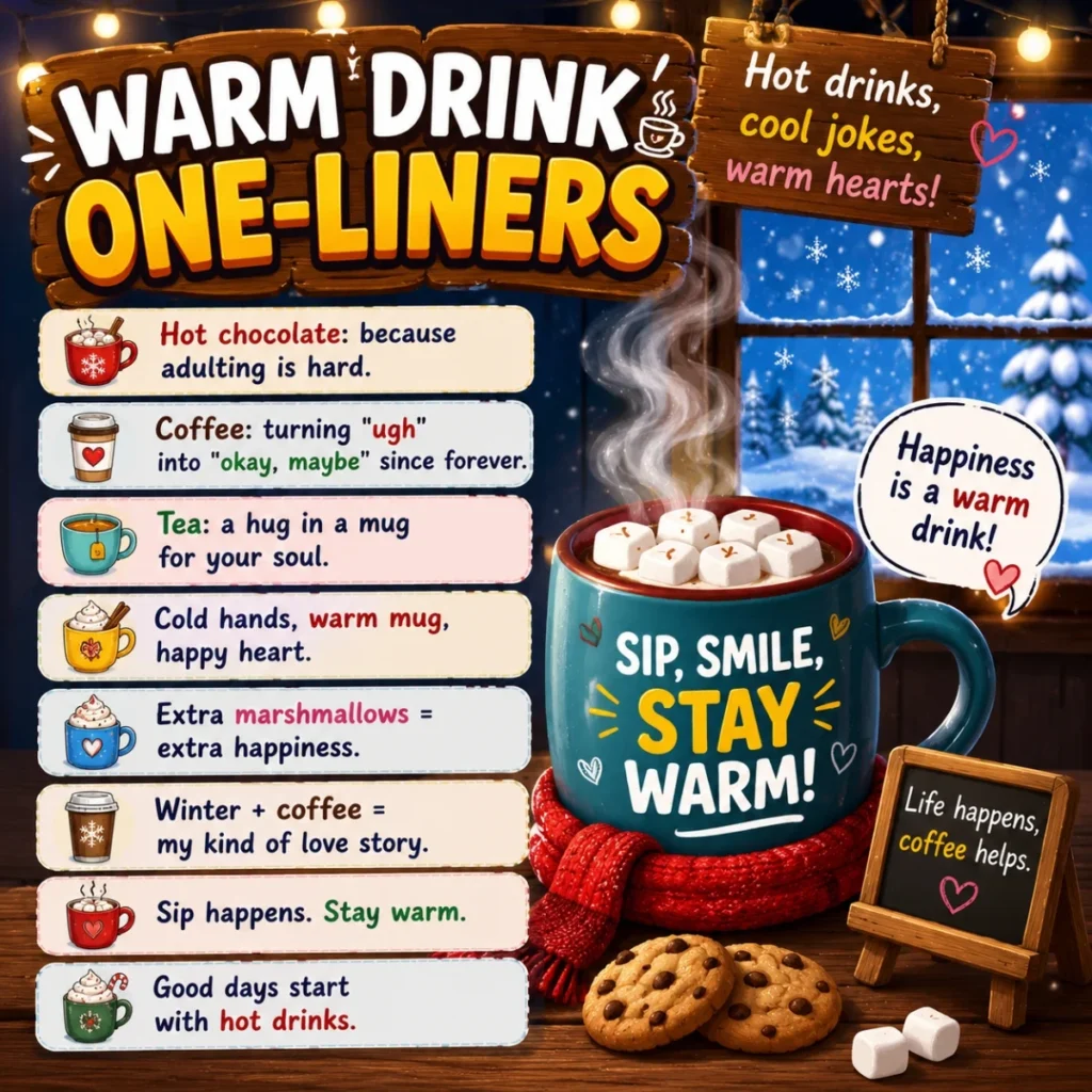 Warm drink one-liners image with hot cocoa, marshmallows, cookies, snowy window, and cozy winter humor