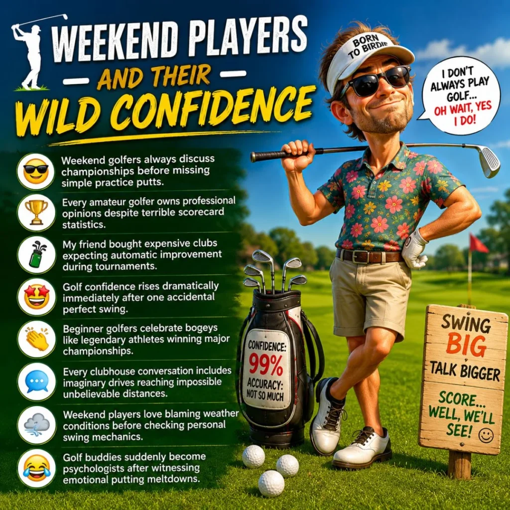 Funny weekend golfers with wild confidence on sunny golf course cartoon poster
