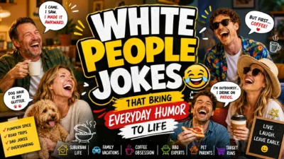 White people jokes poster with laughing friends, coffee, dog, pizza, and everyday humor