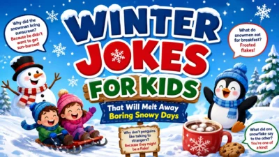 Winter jokes for kids banner with snowman, penguin, sledding children, cocoa, and snowy cartoon fun