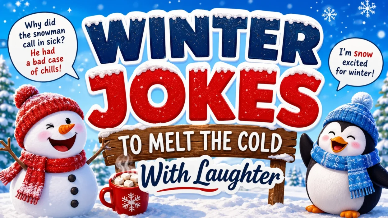 Winter jokes thumbnail with laughing snowman, penguin, hot cocoa, snowy forest, and bold comedy text